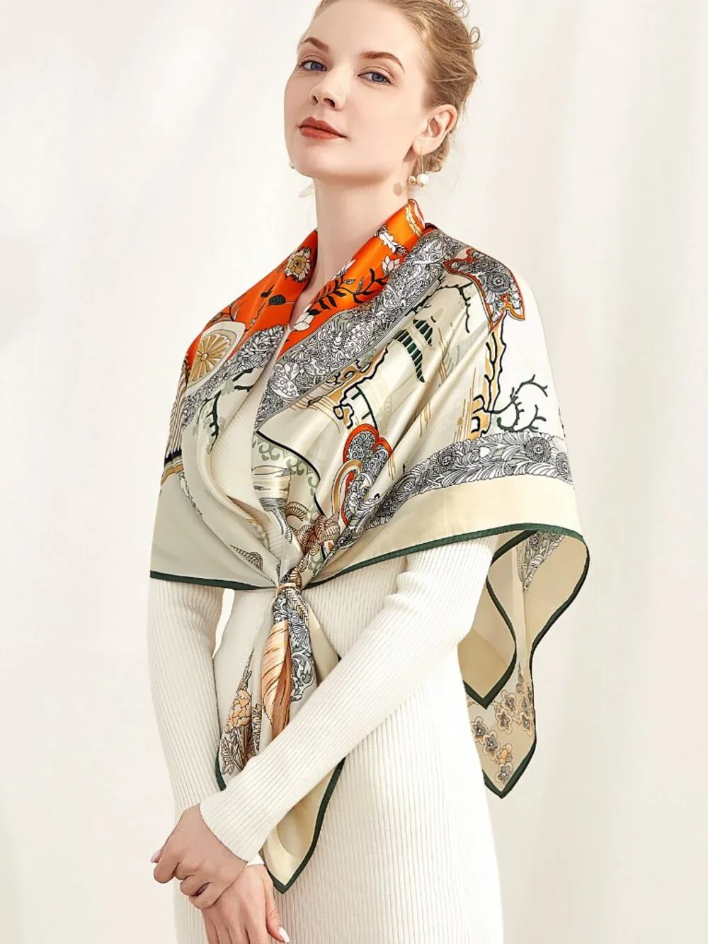 100% Silk Scarves, Extra-Large, Emperor's Phoenix, Ivory W Green Trim